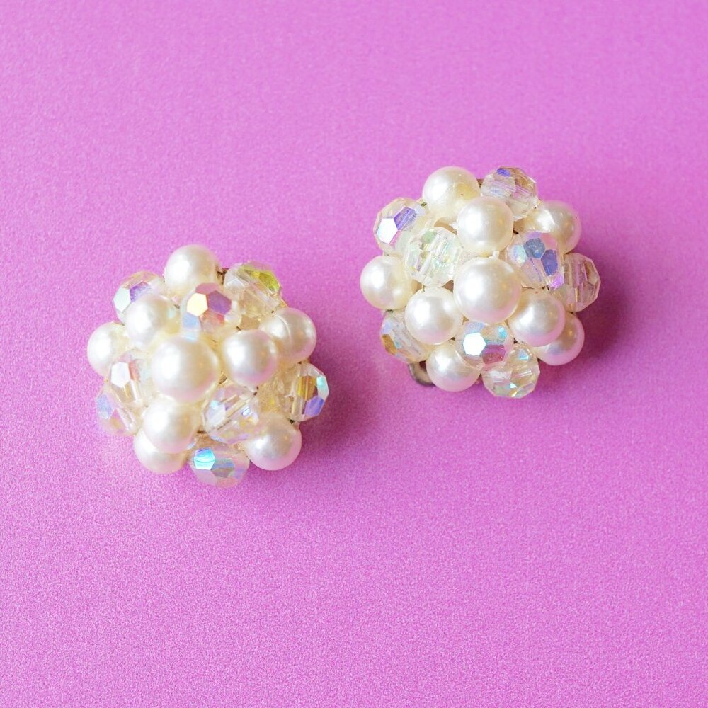 Vintage Beaded Cluster Clip-On Earrings with AB Crystal & Faux Pearl By Lisner
